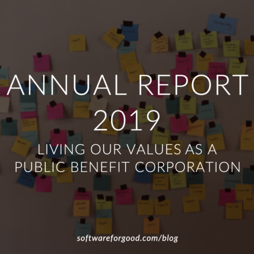 Image of Post-it notes with text: Annual Report 2019, Living Our Values as a Public Benefit Corporation.