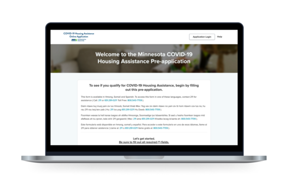 The MN COVID-19 Housing Assistance app displayed on a laptop