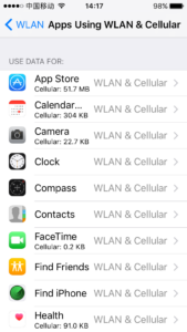 A screenshot of the "Apps Using WLAN & Cellular" settings page on a Chinese iPhone.