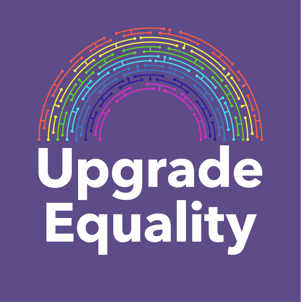 Upgrade Equality with a rainbow made of code on a purple background.