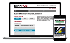 Screenshots of MinnPost websites on a laptop computer and a mobile phone.