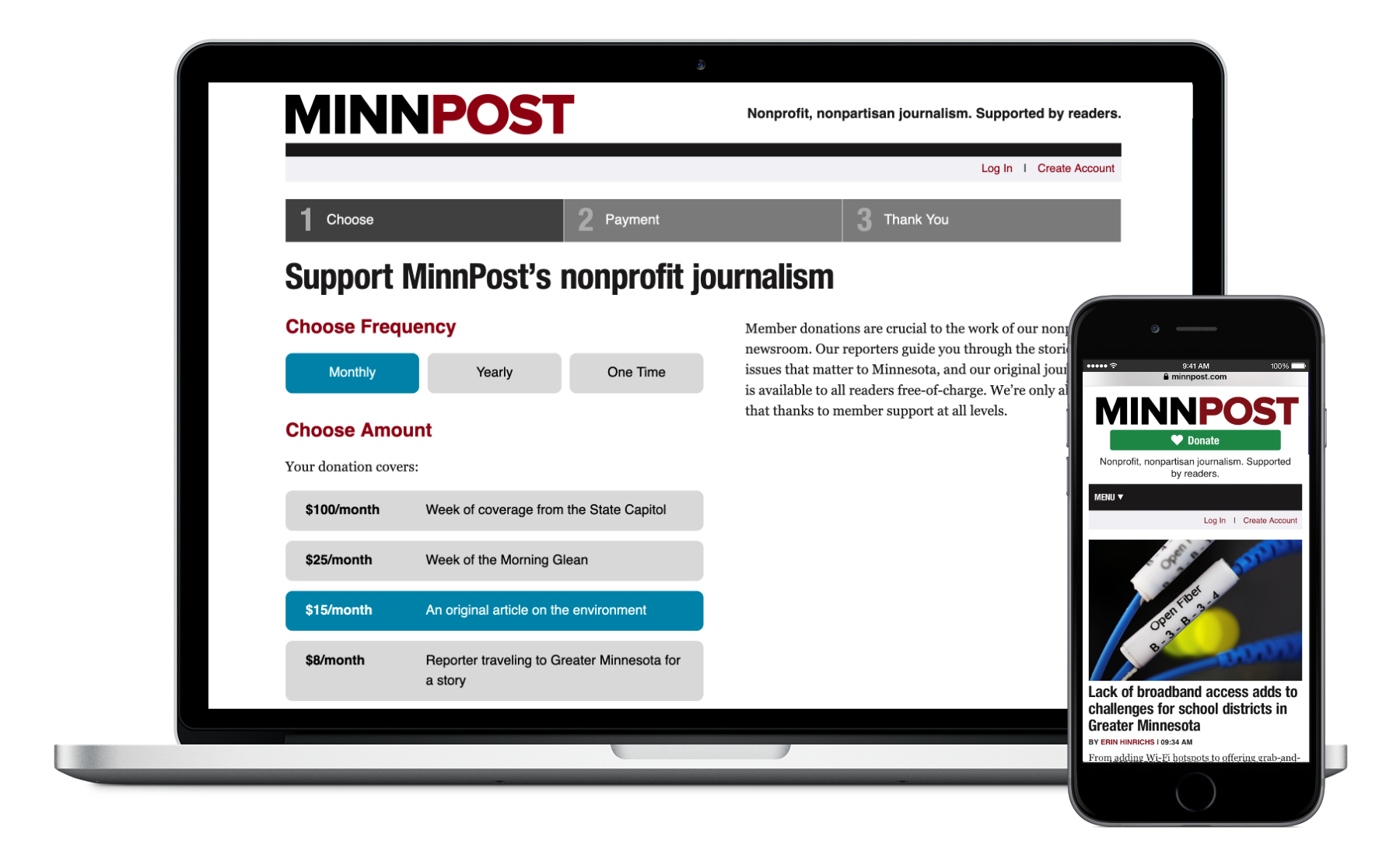 Screenshots of MinnPost websites on a laptop computer and a mobile phone.