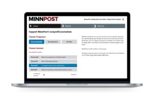 The Minnpost Donation web page displayed on a laptop