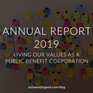 Image of Post-it notes with text: Annual Report 2019, Living Our Values as a Public Benefit Corporation.