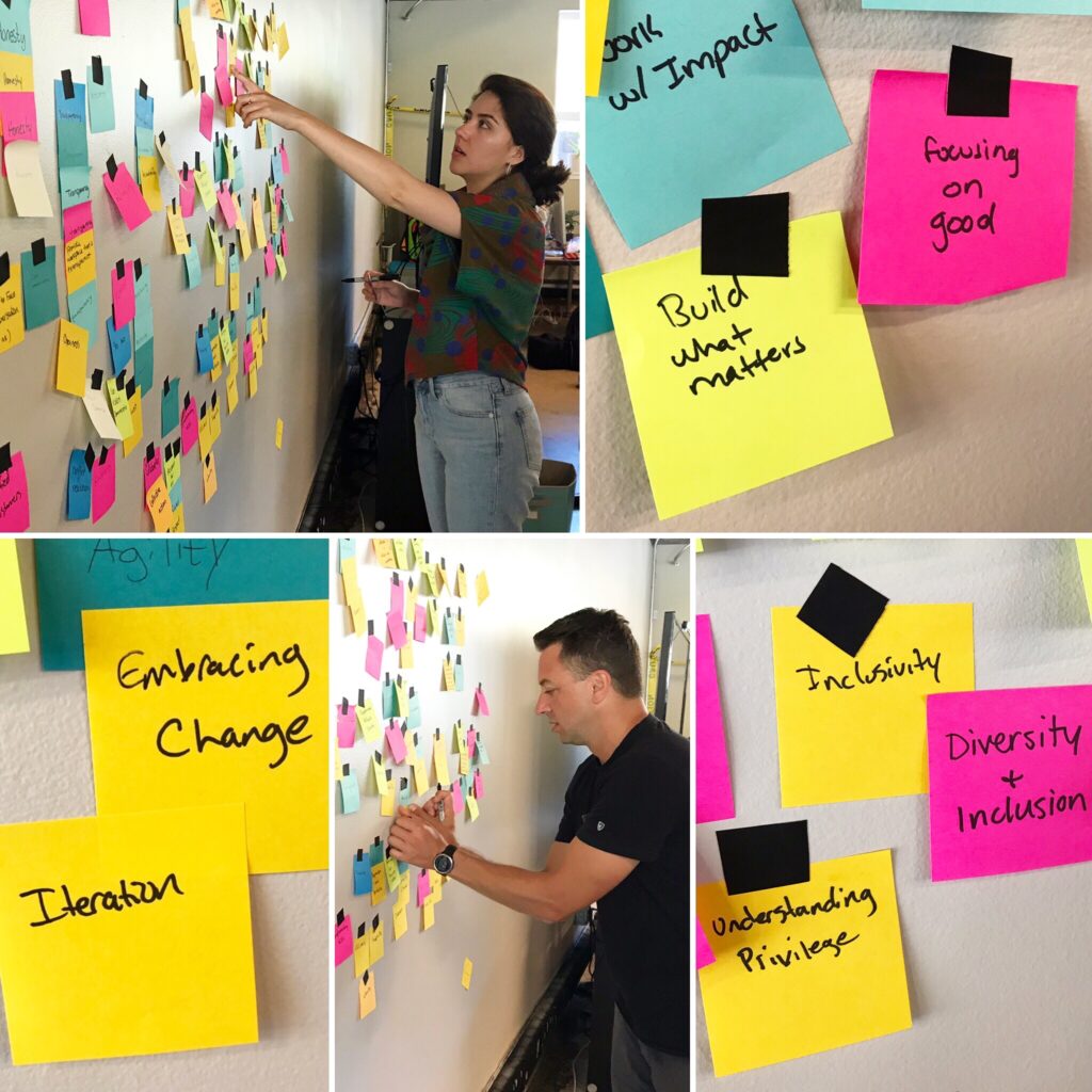 Collage of photos of Post-it brainstorm of Software for Good values.