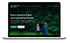 Screenshot of Forest Carbon Works website with headline "Earn income from your growing forest."