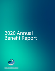 Blue and green gradient background with text 2020 Annual Benefit Report and Software for Good logo.