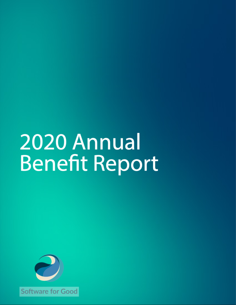 Blue and green gradient background with text 2020 Annual Benefit Report and Software for Good logo.