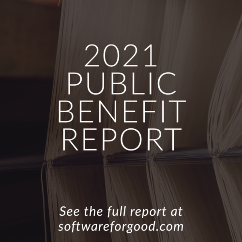 Text that says 2021 Public Benefit Report on image of threads in a loom, with text that says See the full report at softwareforgood.com.