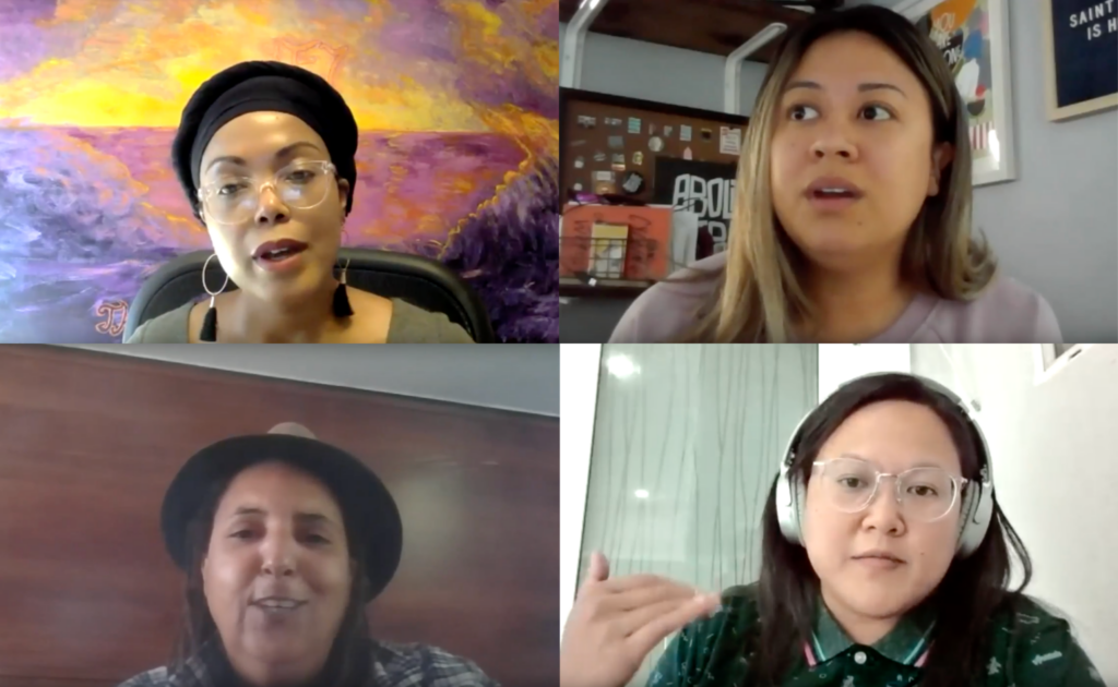 Collage of screenshots from Code Switch event — speakers on video call: Acooa Lee Ellis, Mitra Jalali, Rox Anderson, Irene Fernando.
