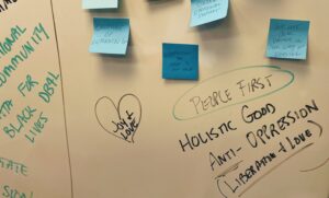 Photo of a whiteboard from a Software for Good strategic planning meeting on August 12, 2022. Among blue sticky notes, handwriting in marker says: JOY & LOVE in a heart; People First in a circle; Holistic Good, Anti-Oppression, and Liberation & Love (underlined). Photo: Ash Chudgar