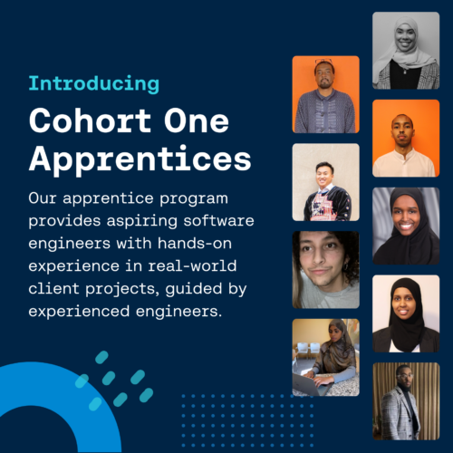 A graphic on a dark blue background with photos of SfG's apprentices with the words 