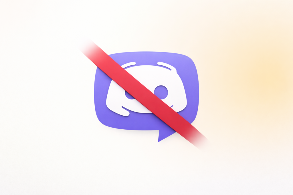 Discord logo with a red diagonal strike over it on a yellow gradient background